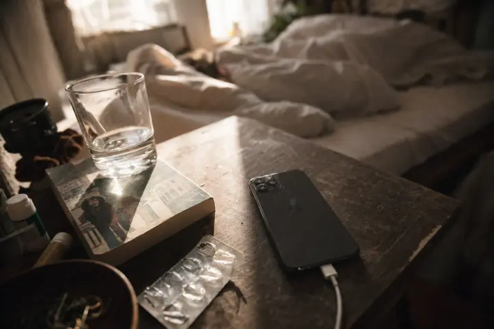 A phone lying face-down on a cluttered nightstand in hard late-morning daylight, a bed still occupied behind it