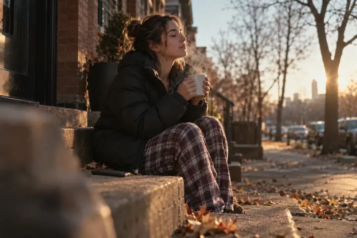 A young woman in a puffer jacket over plaid pajama pants on the front steps of a brick building just after sunrise, seen from sidewalk level, both hands around a steaming mug, eyes closed toward the low sun, a phone face-down beside her