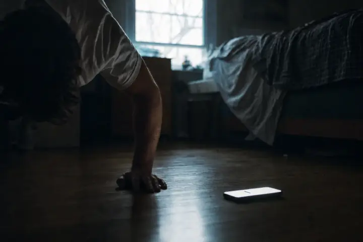Jemand macht bei Morgendämmerung Liegestütze auf dem Fußboden neben einem zerwühlten Bett, das Telefon liegt vor den Händen