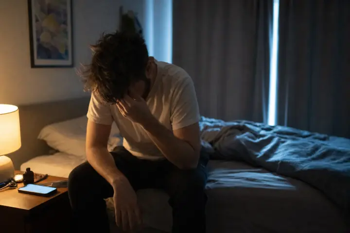 A man sitting on the edge of an unmade bed at dawn, head hanging, one hand rubbing his eyes, his phone glowing on the nightstand beside a warm lamp