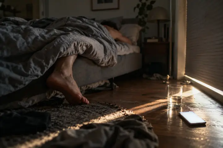 Seen from floor level at the foot of a bed with the blinds down, a man in his thirties asleep face-down under a rumpled gray duvet, one bare foot off the mattress, a hard line of late-morning sun leaking under the blind across the floorboards to a half-empty water glass and a phone whose screen is an overexposed glow