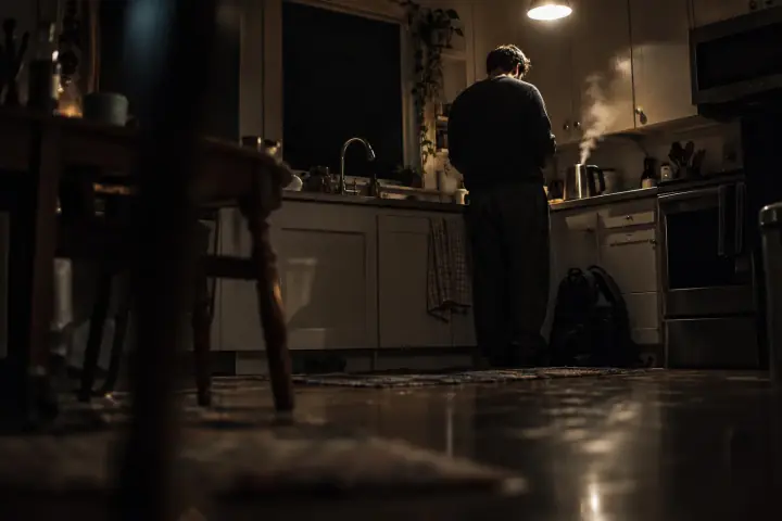 A man in a dark apartment kitchen before dawn, seen from floor level past a chair leg, standing under a harsh ceiling light while steam rises from a kettle, the window over the sink pitch black, a backpack slumped against the cabinet