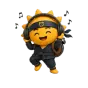 The Risly Sun-Ninja wearing headphones, surrounded by music notes