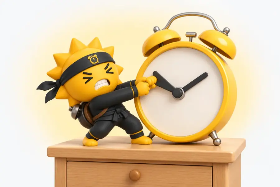 The Risly sun-ninja standing on a bedside table, both hands on the hour hand of a big round analog alarm clock, cranking it back one hour