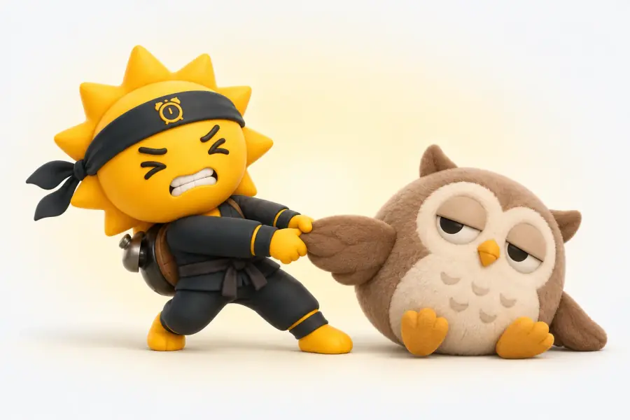 The Risly sun-ninja leaning back with both hands, dragging a big sleepy-eyed plush owl toy along by one wing