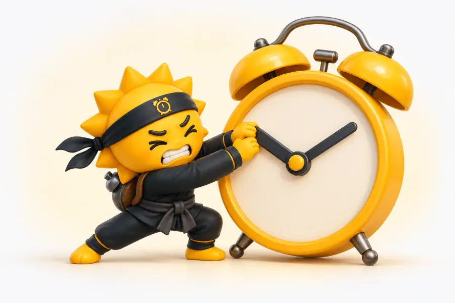 The Risly sun-ninja bracing both feet and pushing the hour hand of an oversized twin-bell alarm clock back into place with both hands