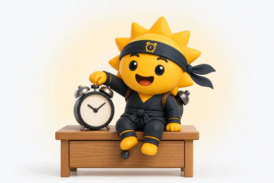 The Risly sun-ninja sitting up wide awake on a bedside table, pressing the stop button on top of a round twin-bell alarm clock before it can ring