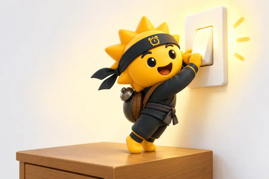 The Risly sun-ninja on tiptoe on a bedside table, flipping up a big white wall light switch with both hands